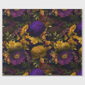 青紫アンティーク濃い黄色の紫の花柄 ラッピングペーパー (フラット)