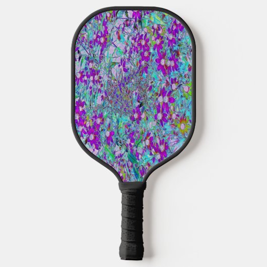 青紫色とホットピンク色の花が咲くアクアガーデン ピックルボールラケット (裏面)