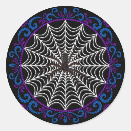 青紫色の白いクモの巣と黒いクモ ラウンドシール (正面)