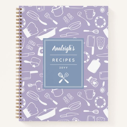 青紫色の白い手描き台所用品レシピ ノートブック (正面)