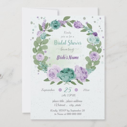 青紫色の花の緑のリースブライダルシャワー 招待状 (正面)