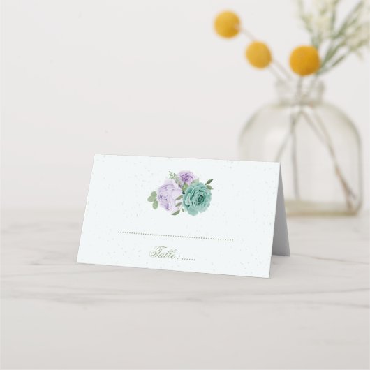 青紫色の花の緑の植物座席表 プレイスカード (正面)