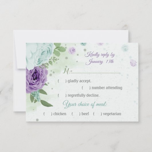 青紫色の花の緑の植物性の食事の選択 出欠カード (正面)