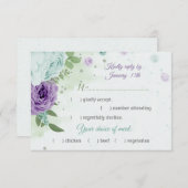 青紫色の花の緑の植物性の食事の選択 出欠カード (正面/裏面)