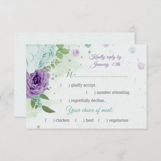 青紫色の花の緑の植物性の食事の選択 出欠カード (正面/裏面)