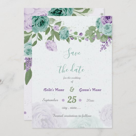 青紫色の花の緑の植物 セーブザデート (正面/裏面)