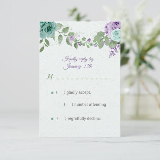 青紫色の花の緑の植物 出欠カード (スタンド正面)