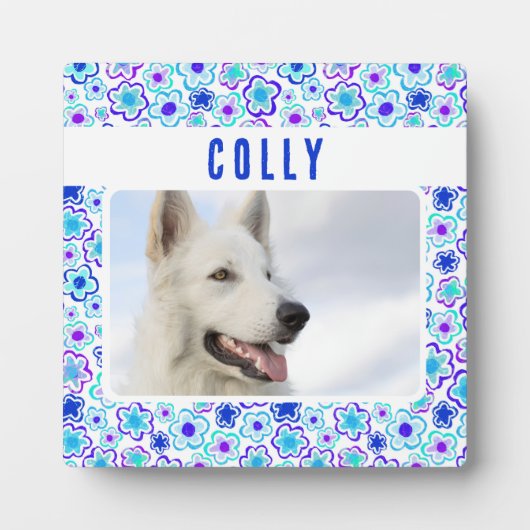 青紫色の花柄ペットドッグフォトキープサケ フォトプラーク (正面)