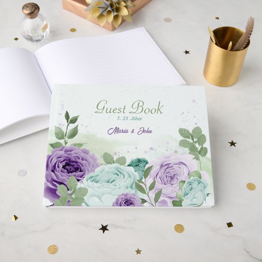 青紫色の花結婚緑 ゲストブック (正面見開き)