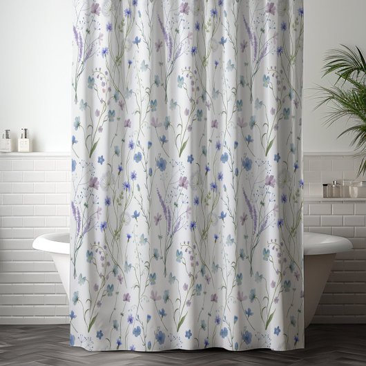 青紫色の野かわいらし花花柄 シャワーカーテン