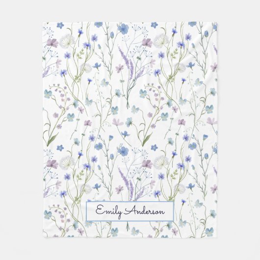 青紫色の野かわいらし花花柄 フリースブランケット (正面)