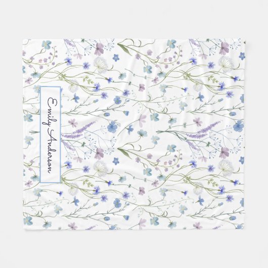 青紫色の野かわいらし花花柄 フリースブランケット (正面(横))