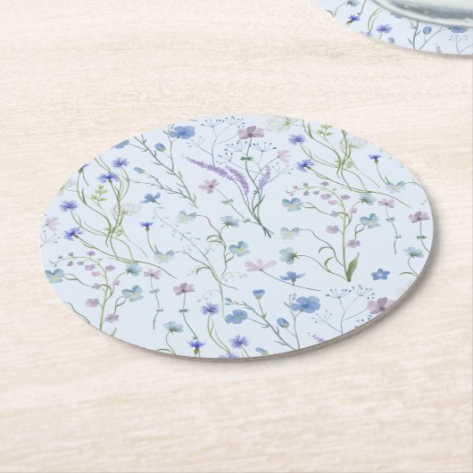 青紫色の野かわいらし花花柄 ラウンドペーパーコースター (アングル)