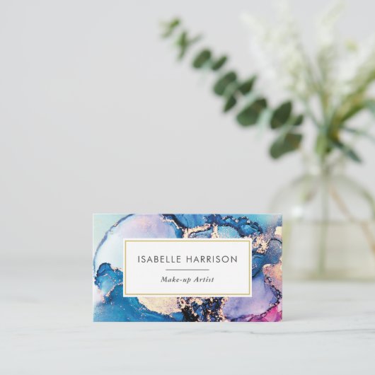 青紫色の金ゴールド水彩インク名刺 名刺 (スタンド正面)