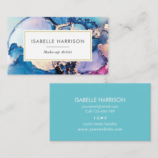 青紫色の金ゴールド水彩インク名刺 名刺 (正面/裏面)