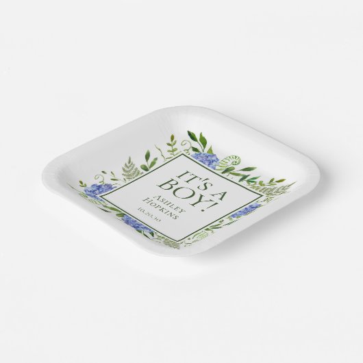 青紫陽花の男の子ベイビーシャワー ペーパープレート (傾斜あり)