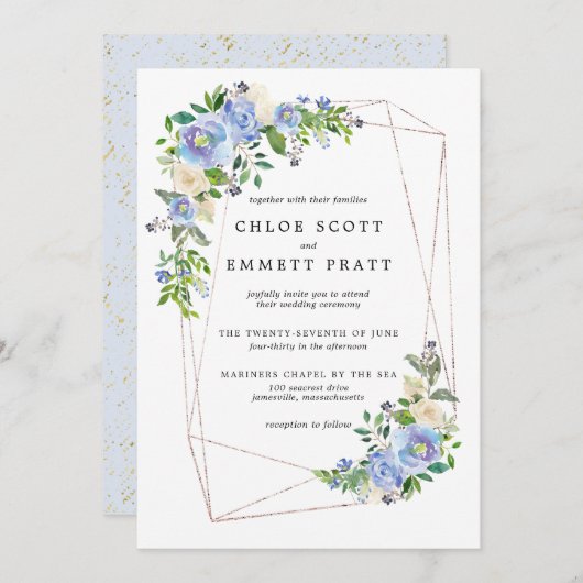 青紫陽花フローラ金ゴールド幾何学模様 招待状 (正面/裏面)