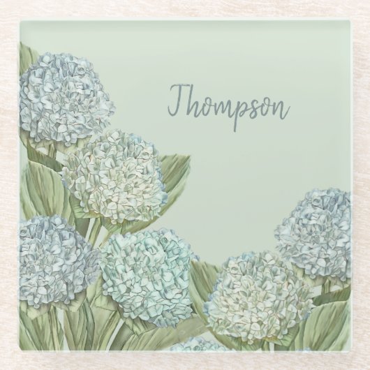 青紫陽花/セージ緑 ガラスコースター (正面)