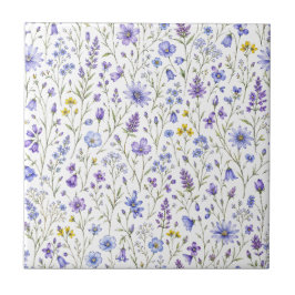 青紫黄色ウォーターカラー野の花パターン タイル