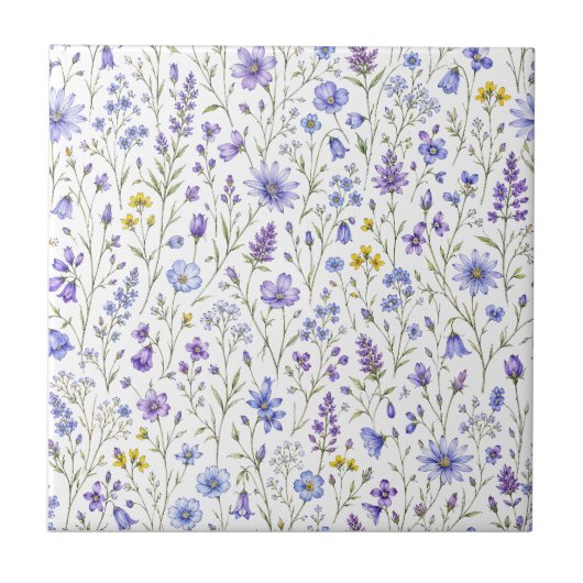 青紫黄色ウォーターカラー野の花パターン タイル (正面)