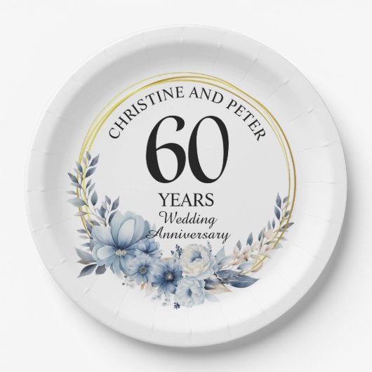 青結婚いフローラのエレガント記念日 ペーパープレート (正面)