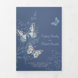青結婚い蝶の色合い 三つ折り招待状