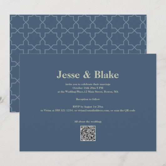 青結婚と格子模様 招待状 (正面/裏面)