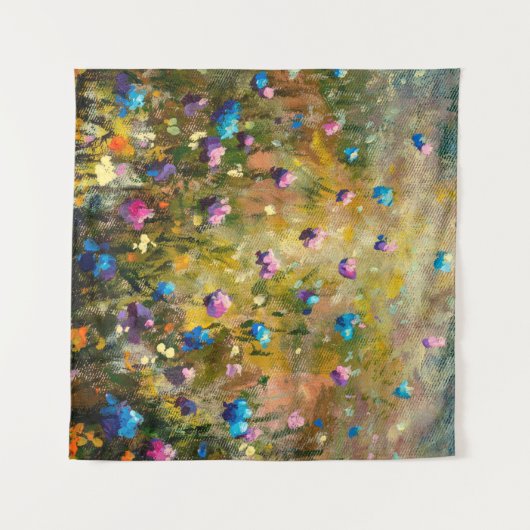  青絵画いピンク色のフルの近くの美しい牧草地 タペストリー (正面(横))