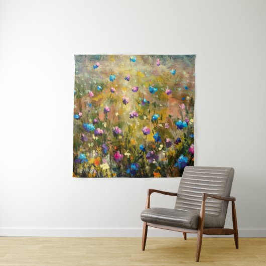 青絵画いピンク色のフルの近くの美しい牧草地 タペストリー (インサイチュ)