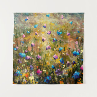  青絵画いピンク色のフルの近くの美しい牧草地 タペストリー