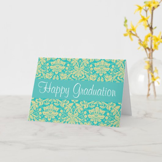 青緑および黄色のダマスク織の卒業カード カード (黄色い花)