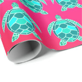 青緑かわいらしターコイズティール(緑がかった色)亀の模様 ラッピングペーパー (ロールコーナー)