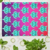 青緑かわいらしターコイズティール(緑がかった色)亀型K キッチンタオル (折り畳み)