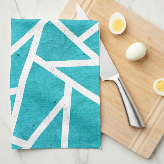 青緑と白のモザイク模様 キッチンタオル (四つ折り)