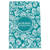 青緑と白のヴィンテージフローラDamask ミディアムペーパーバッグ (正面)