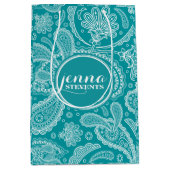 青緑と白のヴィンテージペイズリーパターン2 ミディアムペーパーバッグ (正面)