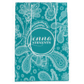 青緑と白のヴィンテージペイズリーパターン2 ミディアムペーパーバッグ (裏面)