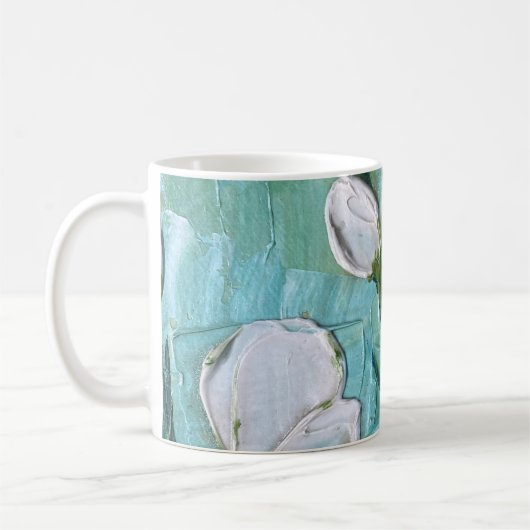 青緑と黄色の野に咲く白い花 コーヒーマグカップ (左)