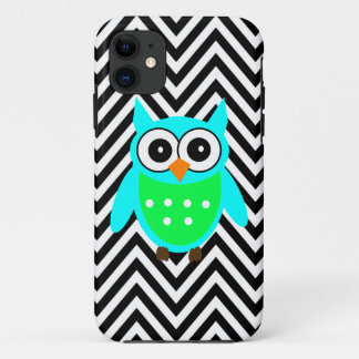 青緑のかわいいフクロウの黒のシェブロンパターン iPhone 11 ケース