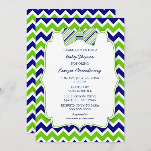 青緑のちょうネクタイの男の子のベビーシャワーの招待 招待状 (正面/裏面)