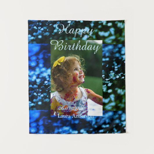 青緑のグリッター写真子供の誕生日モダンな錆びた感じ タペストリー (正面)