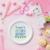 青緑のケーキのプレートをバントする一番最初の誕生日 ペーパープレート (パーティー)