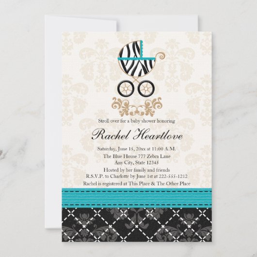 青緑のシマウマのプリントキャリッジベビーシャワー 招待状 (正面)