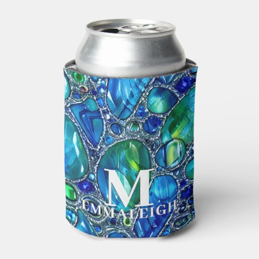 青緑のスパークリングガラスの宝石モノグラム 缶クーラー (缶正面)