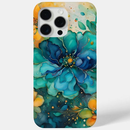 青緑のターコイズゴールドオレンジの抽象的な花 Case-Mate iPhoneケース (裏面)
