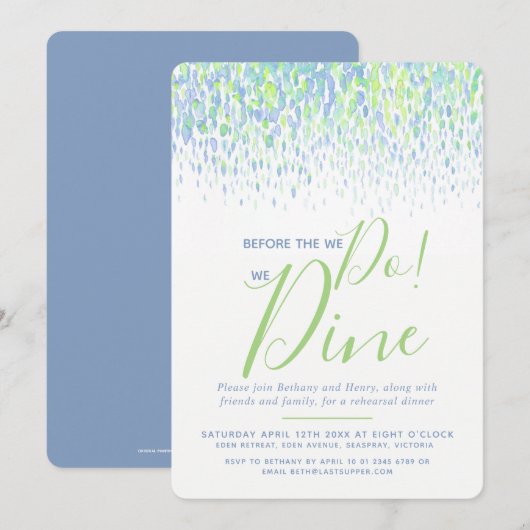 青緑のダブアートのリハーサルディナー　私たちとっておきの食事 招待状 (正面/裏面)
