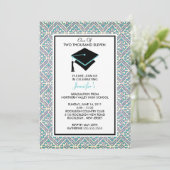 青緑のダマスク織の卒業の招待状 招待状 (スタンド正面)