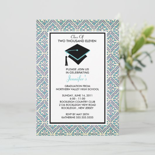 青緑のダマスク織の卒業の招待状 招待状 (スタンド正面)