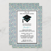 青緑のダマスク織の卒業の招待状 招待状 (正面/裏面)