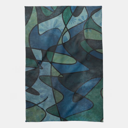 青緑のティール(緑がかった色)のデジタルステンドグラスの抽象美術 キッチンタオル (縦)